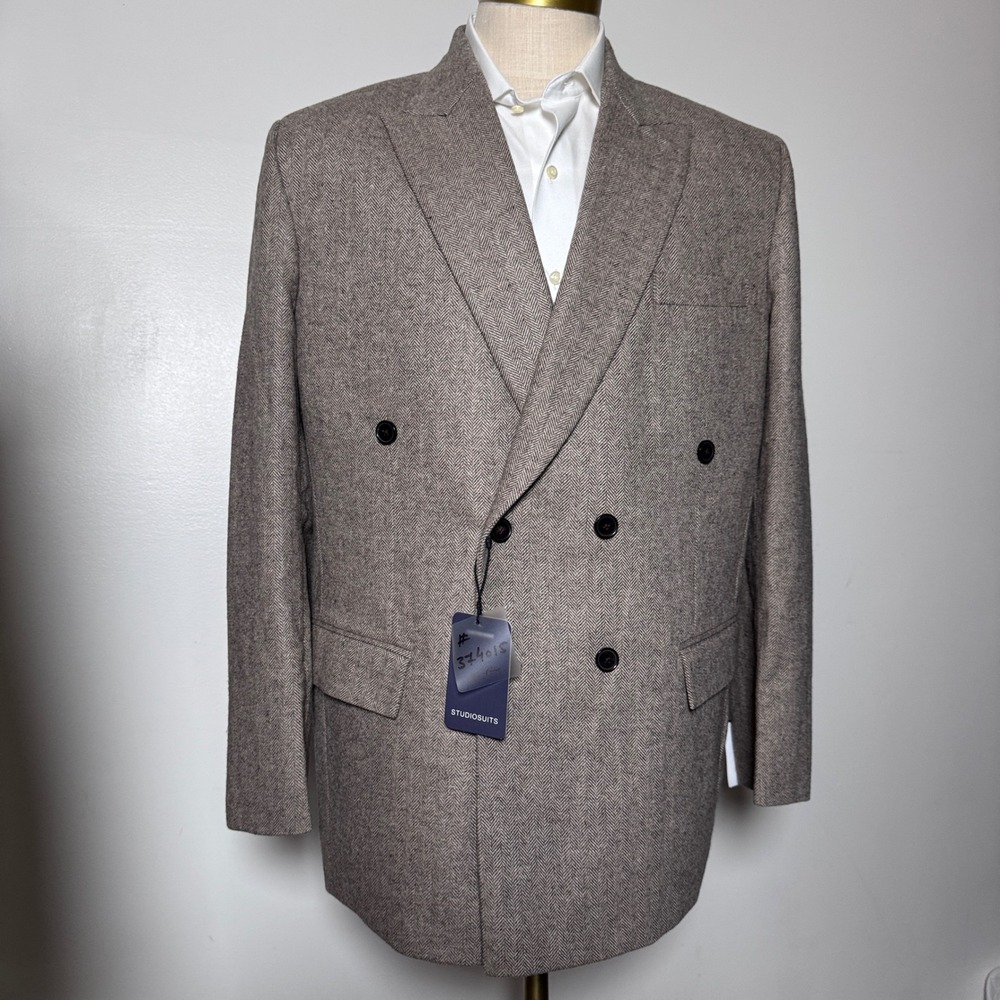 StudioSuits Blazer Mens 46R Brown Herringbone Double Breasted Wool‎ Blend Jacket